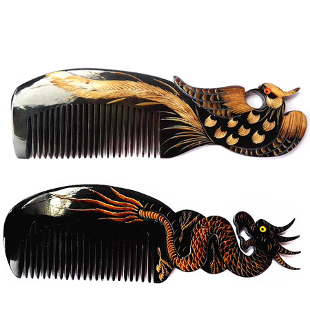 Natural Buffalo Horn Hair Comb Carved with Dragon Phoenix - Click Image to Close